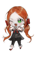 1girl be2020t blush bow chibi chocolat_meilleure commentary_request dated green_eyes hair_bow heart heart_hands korean_commentary one_eye_closed orange_hair pajamas pointy_ears pom_pom_(clothes) red_bow red_footwear simple_background solo sugar_sugar_rune twintails white_background