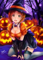 Rule 34 | 10s, 1girl, artist name, black dress, black gloves, black thighhighs, breasts, bridal gauntlets, brooch, brown eyes, brown hair, cleavage, detached collar, dress, elbow gloves, garter straps, girls und panzer, gloves, halloween, halloween costume, haruhata mutsuki, hat, highres, jack-o&#039;-lantern, jewelry, kneeling, lace, lace-trimmed legwear, lace trim, looking at viewer, matching hair/eyes, medium breasts, nishizumi miho, open mouth, orange shirt, puffy short sleeves, puffy sleeves, shirt, short hair, short sleeves, signature, smile, solo, sparkle, thighhighs, twitter username, witch hat