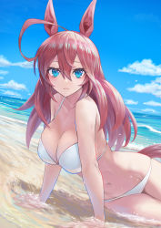 Rule 34 | 1girl, ahoge, animal ears, arm support, bare shoulders, beach, blue eyes, blue sky, breasts, cleavage, closed mouth, cloud, collarbone, day, highres, horse ears, horse girl, horse tail, large breasts, long hair, looking at viewer, mihono bourbon (umamusume), nabe puyo, navel, ocean, outdoors, reclining, red hair, sitting, sky, smile, solo, tail, umamusume, water