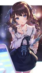 Rule 34 | 1girl, :o, absurdres, black bow, black footwear, black hair, black skirt, blue eyes, blue ribbon, bow, bowtie, breasts, cellphone, collarbone, cowboy shot, drill hair, gomashio ponz, hair ribbon, high-waist skirt, highres, holding, holding phone, letterboxed, lips, looking at viewer, nijisanji, open mouth, phone, playing with own hair, pov, raised eyebrows, ribbon, shirt, sitting, skirt, socks, solo, tsukino mito, tsukino mito (14th costume), twintails, twitter username, virtual youtuber, white shirt
