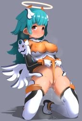 Rule 34 | 1girl, aqua hair, arched back, blush, breasts, closed mouth, commentary request, covered erect nipples, dark-skinned female, dark skin, frontal wedgie, full body, furrowed brow, garoudo (kadouhan&#039;i), gloves, gluteal fold, grey background, groin, halo, kneeling, large breasts, leotard, leotard tug, long hair, long sleeves, looking at viewer, navel, original, partially visible vulva, pink eyes, pointy ears, pussy juice, pussy juice drip through clothes, pussy juice puddle, simple background, skin tight, smile, solo, spread legs, thick eyebrows, thighhighs, very long hair, wedgie, white footwear, white gloves, white thighhighs