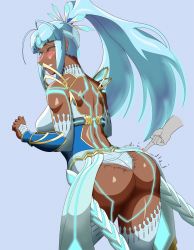 Rule 34 | 1girl, arched back, armor, ass, bare shoulders, blue background, blue eyes, blue hair, blush, breasts, clenched teeth, dark-skinned female, dark skin, detached sleeves, embarrassed, female focus, glowing, headgear, highres, large breasts, long hair, looking at viewer, nintendo, one eye closed, perun (xenoblade), ponytail, regiman, shiny skin, simple background, solo, standing, teeth, thighhighs, wedgie, white thighhighs, wince, xenoblade chronicles (series), xenoblade chronicles 2