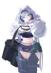 Rule 34 | 1girl, absurdres, animal ears, arknights, aurora (arknights), bear ears, belt, black gloves, black hairband, black shirt, blue eyes, chaps, cowboy shot, crop top, cropped jacket, gloves, grey hair, grey shorts, gupijuan, hairband, head tilt, highres, jacket, long hair, long sleeves, looking at viewer, midriff, navel, pouch, shirt, short shorts, shorts, simple background, smile, solo, standing, stomach, very long hair, white background, white jacket