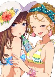 Rule 34 | 2girls, back, bandeau, bare shoulders, beer bottle, bikini, blonde hair, blue eyes, blue flower, bottle, bracelet, breasts, brown eyes, brown hair, cleavage, clothes writing, collarbone, comiket, comiket 90, cross-laced clothes, drink, earrings, eyebrows, eyelashes, floral print, flower, hair slicked back, hairband, hand on another&#039;s arm, hat, hat flower, heart, heart print, highres, holding, holding bottle, jewelry, laughing, leaf, lips, lipstick, long hair, looking at viewer, makeup, medium breasts, morikura en, multiple girls, nail polish, o-ring, o-ring bikini, o-ring top, one eye closed, open mouth, original, parted lips, pink lips, pink nails, print bikini, red flower, shade, short hair, simple background, small breasts, smile, strapless, striped bikini, striped clothes, sun hat, swimsuit, tassel, tassel earrings, tube top, upper body, wavy hair, white background, yellow bikini, yellow flower, yellow nails