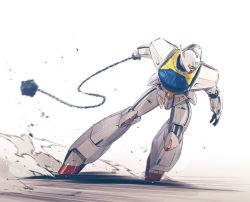 Rule 34 | ball and chain (weapon), chain, dust, gundam, highres, holding, holding weapon, ishiyumi, mecha, mobile suit, motion blur, no humans, open hand, orange eyes, robot, solo, turn a gundam, turn a gundam (mobile suit), weapon, white background