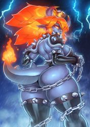 Rule 34 | 1girl, absurdres, armlet, ass, big hair, black leotard, blowing smoke, blue skin, bowsette, bracelet, breasts, breathing smoke, chain, collar, colored skin, crown, deep skin, elbow gloves, electricity, fire, fury bowser, giant, giantess, gloves, glowing, glowing eyes, gluteal fold, gofa, gradient hair, highres, horns, jewelry, kaijuu, large breasts, leotard, lightning, looking at viewer, looking back, mario (series), monster girl, multicolored hair, new super mario bros. u deluxe, nintendo, pointy ears, rain, shoulder pads, shoulder spikes, smile, smoke, solo, spiked armlet, spiked bracelet, spiked thighlet, spikes, steam, storm, super crown, super mario 3d world, thick thighs, thighlet, thighs, thong, thong leotard, water drop, wet
