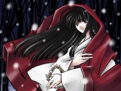 Rule 34 | 1girl, bare tree, black eyes, black hair, floating hair, fuumiinu, inuyasha, japanese clothes, jewelry, kikyou (inuyasha), long hair, lowres, miko, necklace, snow, snowing, solo, tree, winter