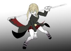 Rule 34 | 1girl, 4lily, blonde hair, full body, gloves, green eyes, highres, holding, long hair, looking at viewer, maka albarn, necktie, plaid, plaid skirt, school uniform, scythe, simple background, skirt, smile, solo, soul eater, twintails, weapon, white gloves