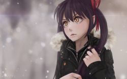 Rule 34 | 1girl, 3d, artist name, black hair, hair ribbon, highres, jacket, lilith parker (novcel), long hair, novcel, original, outdoors, ribbon, serious, snow, solo, twintails, winter, yellow eyes, zipper
