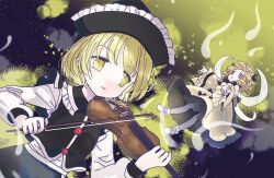 Rule 34 | 2girls, biyon, black headwear, black skirt, black vest, blonde hair, blush, commentary, dress, drill hair, fairy, fairy wings, frilled sleeves, frills, hat, holding, holding instrument, holding violin, instrument, long sleeves, luna child, lunasa prismriver, multiple girls, music, open mouth, playing instrument, red eyes, shirt, shoes, short hair, skirt, symbol-only commentary, touhou, vest, violin, white dress, white footwear, white headwear, white shirt, wide sleeves, wings, yellow eyes