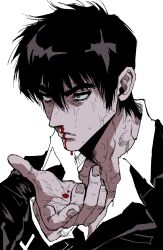 Rule 34 | 1boy, absurdres, black eyes, black hair, black jacket, blood, collared shirt, hand up, highres, jacket, long sleeves, male focus, my nameisyoon, nicholas d. wolfwood, nosebleed, parted lips, shirt, short hair, simple background, solo, trigun, upper body, white background, white shirt