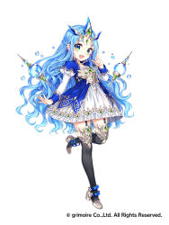 Rule 34 | 1girl, aqua eyes, armor, blue hair, blush, brave sword x blaze soul, breastplate, copyright name, detached sleeves, dress, full body, garter straps, hair ornament, juliet sleeves, leg up, long hair, long sleeves, looking at viewer, nardack, official art, open mouth, puffy sleeves, short dress, simple background, smile, solo, thighhighs, white background, zettai ryouiki