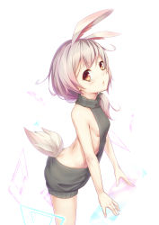 Rule 34 | 1girl, absurdres, animal ears, backless outfit, benghuai xueyuan, blush, breasts, brown eyes, butt crack, dress, fox ears, from side, grey hair, grey sweater, hair over shoulder, halterneck, highres, holographic interface, honkai (series), long hair, looking at viewer, meme attire, naked sweater, parted lips, ribbed sweater, ruochongsang, sideboob, simple background, small breasts, solo, sweater, sweater dress, tail, theresa apocalypse, theresa apocalypse (sakuno rondo), turtleneck, turtleneck sweater, virgin killer sweater, white background