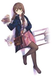 Rule 34 | 1girl, bad id, bad pixiv id, badge, bag, blue coat, blush, braid, brown hair, brown pantyhose, buttons, chair, cherim, closed mouth, coat, collared shirt, full body, green eyes, head tilt, knee up, long hair, long sleeves, looking at viewer, lying, mole, mole under eye, no shoes, on back, open clothes, open coat, original, pantyhose, paper, picture frame, pink neckwear, pink skirt, plaid, plaid skirt, shadow, shirt, shoulder bag, sidelocks, skirt, solo, twin braids, twintails, white shirt, wing collar