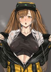 Rule 34 | 1girl, absurdres, blush, bodysuit, breasts, brown eyes, brown hair, collarbone, eyewear on head, girls&#039; frontline, grey background, highres, jacket, kuro (zhurunbo1997), long hair, looking at viewer, neck, open clothes, open jacket, open mouth, open shirt, scar, scar across eye, scar on face, shirt, solo, sweat, sweatdrop, twintails, ump9 (girls&#039; frontline), wet, wet clothes, wet shirt, white shirt
