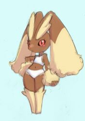 Rule 34 | 1girl, arm at side, barefoot, black sclera, blue background, blush, body fur, bra, brown fur, closed mouth, clothed pokemon, colored sclera, creatures (company), female focus, full body, furry, furry female, game freak, gen 4 pokemon, hand on own hip, lace, lace-trimmed bra, lace-trimmed panties, lace trim, legs, legs together, looking at viewer, lopunny, navel, nintendo, panties, pokemon, pokemon (creature), rabbit ears, rabbit girl, rabbit tail, red eyes, simple background, sketch, solo, standing, stomach, thighs, two-tone fur, underwear, underwear only, uno usaya, white bra, white panties, yellow fur