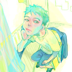 Rule 34 | 1boy, closed mouth, curtains, day, from above, full body, green hair, green theme, head rest, indoors, light rays, looking to the side, male focus, original, perspective, renton (guero), shirt, short hair, shorts, sitting, solo