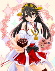 Rule 34 | 10s, 1girl, :d, candy, chocolate, chocolate heart, detached sleeves, feeding, food, hair ornament, hairband, hairclip, haruna (kancolle), heart, highres, holding, incoming food, kantai collection, long hair, looking at viewer, neko danshaku, nontraditional miko, open mouth, pleated skirt, pov, pov feeding, skirt, smile, solo, sparkle, thighhighs, valentine, zettai ryouiki