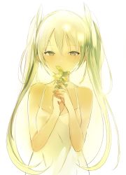 Rule 34 | 1girl, alternate costume, alternate hair color, bad id, bad tumblr id, bare arms, bare shoulders, blonde hair, blush, collarbone, dress, female focus, gradient background, green eyes, green hair, hatsune miku, holding, long hair, looking at viewer, lpip, matching hair/eyes, plant, sleeveless, sleeveless dress, solo, spaghetti strap, sundress, twintails, upper body, very long hair, vocaloid, w arms, white background, yellow dress, yellow theme