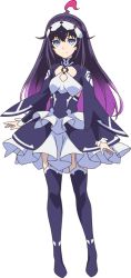 Rule 34 | 1girl, ahoge, blue eyes, boots, full body, hair flaps, infinite dendrogram, long hair, nemesis (infinite dendrogram), purple hair, purple thighhighs, solo, standing, thigh boots, thighhighs, transparent background