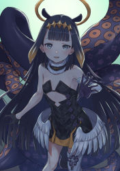 Rule 34 | 1girl, :d, absurdres, arm warmers, armpits, bare shoulders, black hair, blue eyes, blunt bangs, dress, fang, flat chest, fur trim, g9 (jiiku), gloves, halo, highres, hololive, hololive english, linea alba, long hair, low wings, mole, mole under eye, ninomae ina&#039;nis, ninomae ina&#039;nis (1st costume), open mouth, single arm warmer, single thighhigh, smile, tentacle hair, tentacles, thighhighs, virtual youtuber, wings