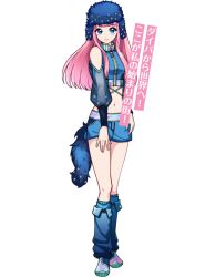 Rule 34 | 1girl, artist request, bare shoulders, blue eyes, blue hat, blue shirt, blue shorts, closed mouth, denim, denonbu, detached sleeves, full body, fur hat, hand on own leg, hat, leg warmers, long hair, long sleeves, looking at viewer, navel, official art, pink hair, second-party source, shirt, shoes, short shorts, shorts, sidelocks, smile, solo, standing, tachi-e, translation request, transparent background, ushio milia