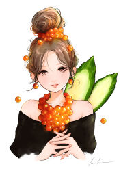 1girl absurdres bare_shoulders black_shirt brown_hair commentary_request cucumber cucumber_slice earrings fish_(food) food food-themed_earrings food-themed_hair_ornament food-themed_necklace food_art hair_bun hair_ornament highres ikura_(food) interlocked_fingers jewelry keisuke1105 light_blush looking_at_viewer off-shoulder_shirt off_shoulder original own_hands_together parted_lips roe shirt signature simple_background solo white_background