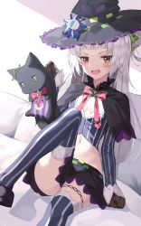 Rule 34 | 1girl, :d, black capelet, black footwear, black gloves, black hat, black skirt, blunt bangs, blush, bow, bowtie, capelet, creature, fang, flat chest, gloves, grey shirt, hair bun, hair ornament, hat, highres, holding, holding creature, hololive, kanzi, loafers, long hair, long sleeves, looking at viewer, lowleg, lowleg skirt, microskirt, midriff, murasaki shion, murasaki shion (1st costume), navel, on bed, open mouth, pink bow, pink bowtie, shiokko (murasaki shion), shirt, shoes, short eyebrows, side bun, silver hair, single side bun, sitting, skin fang, skirt, smile, smug, solo, star (symbol), striped clothes, striped shirt, striped thighhighs, thighhighs, thighlet, vertical-striped clothes, vertical-striped shirt, vertical-striped thighhighs, virtual youtuber, witch hat, yellow eyes