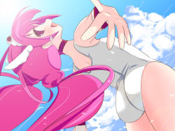 Rule 34 | 10s, 1girl, ass, back, bad id, bad pixiv id, choker, cloud, cure happy, day, earrings, g-mero, head wings, highres, hoshizora miyuki, jewelry, long hair, looking back, magical girl, one-piece swimsuit, outstretched arms, pink eyes, pink hair, precure, school swimsuit, sky, smile precure!, solo, sunlight, swimsuit, tiara, twintails, white one-piece swimsuit, white school swimsuit, wings