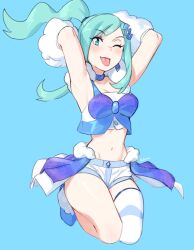 Rule 34 | 1girl, arm warmers, armpits, arms up, blue footwear, blush, boots, breasts, buttons, cleavage, closed mouth, collar, commentary, creatures (company), eyelashes, full body, game freak, green eyes, green hair, highres, lisia (pokemon), medium breasts, midriff, navel, nintendo, one eye closed, pokemon, pokemon oras, rob ishi, shorts, sidelocks, single thighhigh, solo, striped clothes, striped thighhighs, thighhighs, tongue, tongue out, vest, white shorts