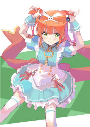 Rule 34 | 1girl, blush, green eyes, hair between eyes, hair ornament, highres, jewelry, key, key necklace, looking at viewer, necklace, orange hair, princess connect!, rino (princess connect!), rino (wonderland) (princess connect!), shimon (31426784), short hair, skirt, smile, solo, thighhighs, white background, white thighhighs