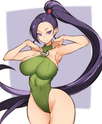 Rule 34 | 1girl, armpits, bare shoulders, breasts, choker, dragon quest, dragon quest xi, highres, large breasts, leotard, martina (dq11), nac000, navel, ponytail, purple eyes, purple hair, smile, square enix, thick thighs, thighs