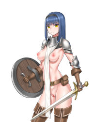 Rule 34 | 1girl, armor, belt, blue hair, boots, breasts, hairband, highres, holding, holding shield, holding sword, holding weapon, knight, looking at viewer, medium breasts, medium hair, naked armor, original, pelvic curtain, pussy, revealing clothes, shield, shoulder pads, smile, standing, sword, thigh boots, uncensored, vvv (vvv98048917), weapon, white background, yellow eyes