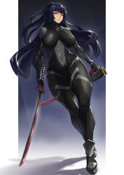 Rule 34 | 1girl, black bodysuit, black hair, blunt bangs, bodysuit, breasts, covered navel, dutch angle, highres, holding, holding sword, holding weapon, impossible bodysuit, impossible clothes, katana, large breasts, long hair, original, packge, ryoko yamaguchi, skin tight, solo, sword, weapon