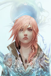 Rule 34 | 1girl, asymmetrical hair, blue eyes, breasts, chest tattoo, cleavage, collarbone, crystal, final fantasy, final fantasy xiii, highres, lightning farron, looking at viewer, nikusenpai, pink hair, popped collar, serious, solo, tattoo