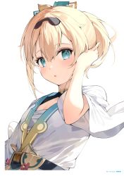 Rule 34 | 1girl, absurdres, blonde hair, blue eyes, blush, flat chest, hair ornament, hana mori, hand up, highres, hololive, japanese clothes, kazama iroha, looking at viewer, medium hair, page number, parted lips, sarashi, scan, short sleeves, simple background, solo, upper body, virtual youtuber, white background