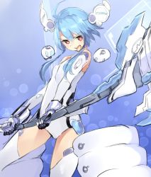 Rule 34 | 1girl, ahoge, axe, battle axe, blanc (neptunia), blue hair, buran buta, female focus, gloves, long hair, looking at viewer, neptune (series), open mouth, power symbol, power symbol-shaped pupils, red eyes, short hair with long locks, sidelocks, solo, symbol-shaped pupils, weapon, white heart (neptunia)