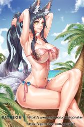 Rule 34 | 1girl, adjusting hair, ahri (league of legends), animal ear fluff, animal ears, armpits, arms up, beach, bikini, black hair, blue sky, breasts, cleavage, cloud, crossed legs, day, facial mark, fox ears, fox tail, from side, gonster, large breasts, league of legends, long hair, navel, outdoors, palm tree, pink bikini, ponytail, side-tie bikini bottom, sitting, sky, smile, solo, swimsuit, tail, tree, tropical, underboob, very long hair, watermark, web address, whisker markings, yellow eyes