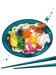 Rule 34 | animal focus, chopsticks, colored skin, commentary request, creatures (company), egg (food), fish, food, food focus, game freak, hanabusaoekaki, highres, nintendo, no humans, orange skin, pink skin, plate, pokemon, pokemon (creature), simple background, sparkle, tatsugiri, tatsugiri (curly), tatsugiri (droopy), tatsugiri (stretchy), white background, yellow skin