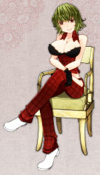 Rule 34 | 1girl, aoshima, bare shoulders, black bra, bra, breasts, chair, cleavage, crossed legs, female focus, flower, gloves, green hair, grin, highres, kazami yuuka, lace, lace-trimmed bra, lace trim, large breasts, lingerie, looking at viewer, pants, plaid, plaid pants, plaid vest, red eyes, shoes, sitting, smile, solo, touhou, underwear, vest