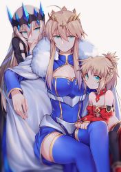 Rule 34 | 3girls, absurdres, aged down, ahoge, aqua eyes, artoria pendragon (fate), artoria pendragon (lancer) (fate), aunt and niece, bandeau, bare shoulders, black legwear, blonde hair, blue dress, blue thighhighs, braid, breasts, cleavage, cleavage cutout, cloak, closed mouth, clothing cutout, collarbone, commentary request, cross, crossed legs, crown, detached collar, detached sleeves, dress, family, fate/grand order, fate (series), father and daughter, french braid, fur-trimmed cloak, fur trim, gem, hair between eyes, hair ornament, hair scrunchie, hand up, highres, large breasts, light smile, long hair, long sleeves, looking at viewer, mordred (fate), mordred (fate/apocrypha), morgan le fay (fate), mother and daughter, multiple girls, pelvic curtain, ponytail, red scrunchie, scrunchie, short hair, short hair with long locks, short ponytail, siblings, sidelocks, simple background, sisters, sitting, small breasts, smile, thighhighs, white background, yorukun
