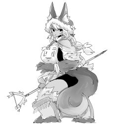 Rule 34 | 1girl, absurdres, alternate costume, alternate hair color, animal ears, animal hands, anubis (monster girl encyclopedia), bad link, bike shorts, breasts, capelet, dark-skinned female, dark skin, ears through headwear, fur trim, greyscale, highres, holding, large breasts, latenight, legs apart, long hair, looking at viewer, monochrome, monster girl, monster girl encyclopedia, no nose, open mouth, second-party source, simple background, solo, standing, tail, white background, wolf ears, wolf tail, wristband