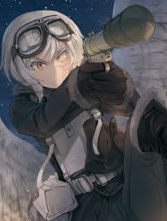 Rule 34 | 1girl, aiming, asterisk kome, bag, belt, black footwear, black gloves, black jacket, boots, close-up, closed mouth, commentary, feathered wings, foreshortening, frances royce, frown, gloves, goggles, goggles on head, grenade launcher, gun, heterochromia, highres, holding, holding weapon, jacket, knee boots, knee up, long sleeves, low wings, night, orange eyes, outdoors, pants, scar, scar on face, short hair, sky, solo, solo focus, star (sky), starry sky, v-shaped eyebrows, weapon, white belt, white eyes, white hair, white wings, winged fusiliers, wings
