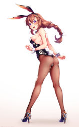 Rule 34 | 1girl, animal ears, ass, black leotard, blush, braid, breasts, brown hair, fake animal ears, from behind, full body, high heels, highres, leotard, long hair, looking at viewer, medium breasts, open mouth, original, pantyhose, playboy bunny, purple eyes, rabbit ears, rabbit tail, simple background, solo, standing, strapless, strapless leotard, tail, tsuki tokage, white background, wrist cuffs