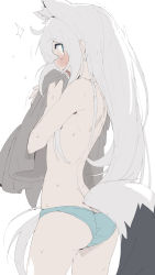 Rule 34 | 1girl, ^^^, animal ears, aqua panties, ass, blue eyes, blush, butt crack, fox ears, fox tail, from behind, hair down, highres, holding, hololive, kujira pasta, long hair, open mouth, panties, shirakami fubuki, solo, sweat, tail, topless, underwear, underwear only, very long hair, virtual youtuber, white hair