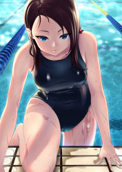 Rule 34 | 1girl, 3:, blue eyes, breasts, brown hair, competition swimsuit, forehead, highres, lane line, long hair, looking at viewer, one-piece swimsuit, original, pool, poolside, reflection, shiny clothes, solo, swimsuit, toumin, wet, wet clothes, wet swimsuit