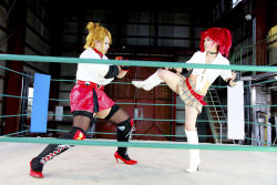Rule 34 | 2girls, arena, blonde hair, boxing ring, breasts, candy cane (rumble roses), candy cane (rumble roses) (cosplay), chouzuki maryou, cleavage, cosplay, fingerless gloves, gloves, large breasts, miss spencer, miss spencer (cosplay), multiple girls, photo (medium), red hair, rumble roses, rumble roses xx, suzuka itsuki