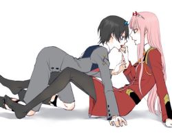 Rule 34 | 10s, 1boy, 1girl, all fours, black hair, black pantyhose, blue eyes, blue horns, boots, breasts, commentary request, couple, darling in the franxx, face-to-face, facing another, finger to mouth, forehead-to-forehead, green eyes, hair ornament, hairband, heads together, hetero, hiro (darling in the franxx), horns, long hair, long sleeves, looking at another, medium breasts, military, military uniform, necktie, no shoes, oni horns, orange neckwear, pantyhose, pink hair, red horns, red neckwear, sakuragouti, short hair, sitting, socks, uniform, white footwear, white hairband, zero two (darling in the franxx)