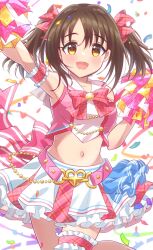 Rule 34 | 1girl, armpits, bare shoulders, blush, brown eyes, brown hair, cheering, cheerleader, confetti, hakkaumai, highres, holding, holding pom poms, idolmaster, idolmaster cinderella girls, idolmaster cinderella girls starlight stage, imai kana, looking at viewer, midriff, navel, open mouth, pom pom (cheerleading), pom poms, ribbon, skirt, sleeveless, smile, solo, thigh strap, twintails