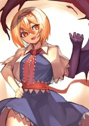 Rule 34 | 1girl, alice margatroid, blonde hair, blue dress, bois de justice, breasts, capelet, collared capelet, commentary request, cookie (touhou), cowboy shot, dies irae, dress, frilled hairband, frilled neckwear, frilled sash, frills, hair between eyes, hairband, hand on own hip, head tilt, highres, hinase (cookie), looking to the side, medium breasts, necktie, okasan01, open mouth, red eyes, red hairband, red necktie, red sash, sash, shinza bansho series, short hair, smile, solo, touhou, white capelet
